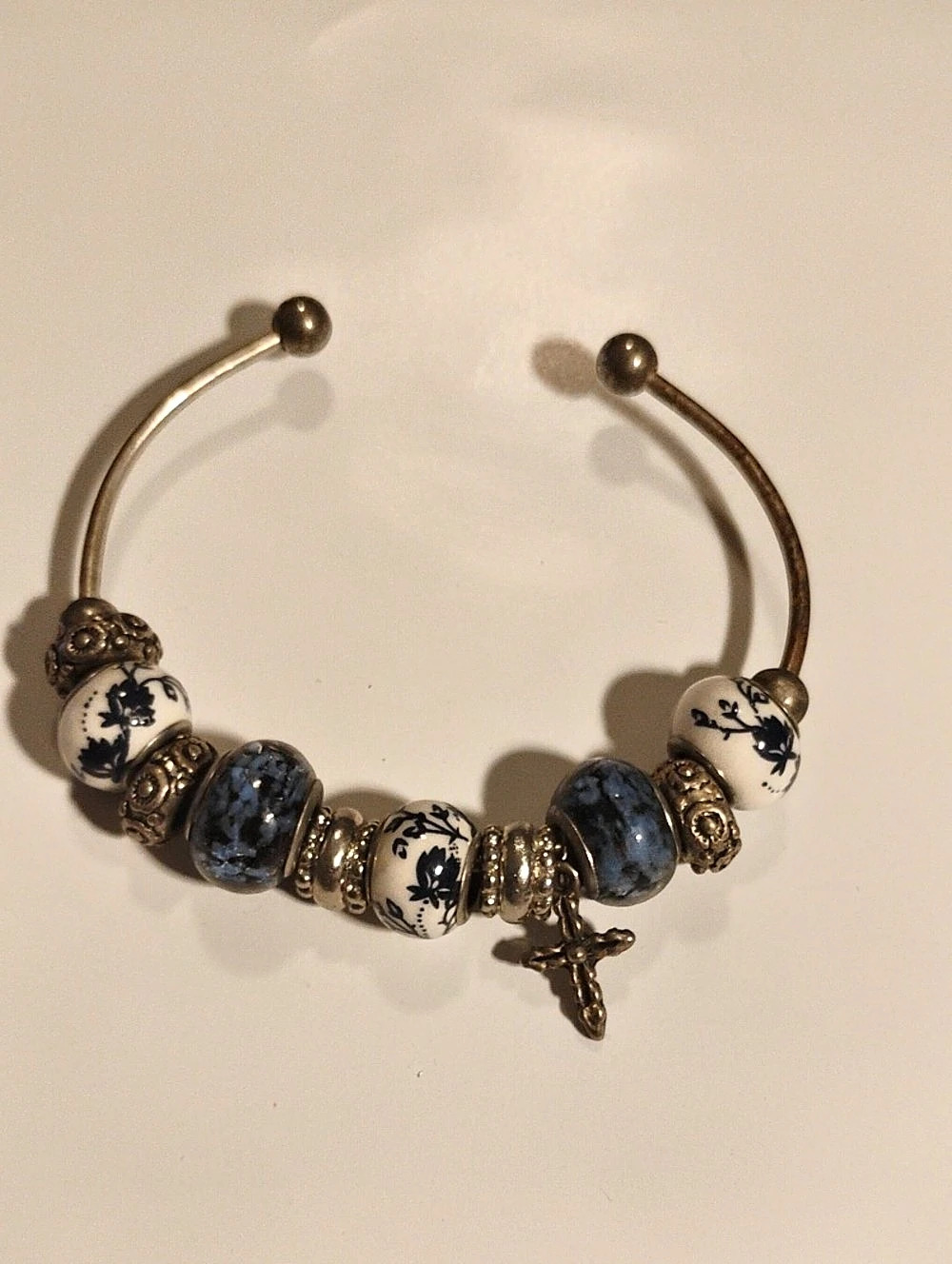 Floral Beaded Charm Cuff Bracelet in White & Blue